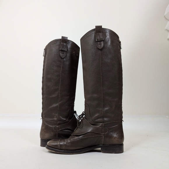 Massimo Dutti Brown Leather Riding Boots Lace Up Knee High Round Toe - Picture 5 of 16
